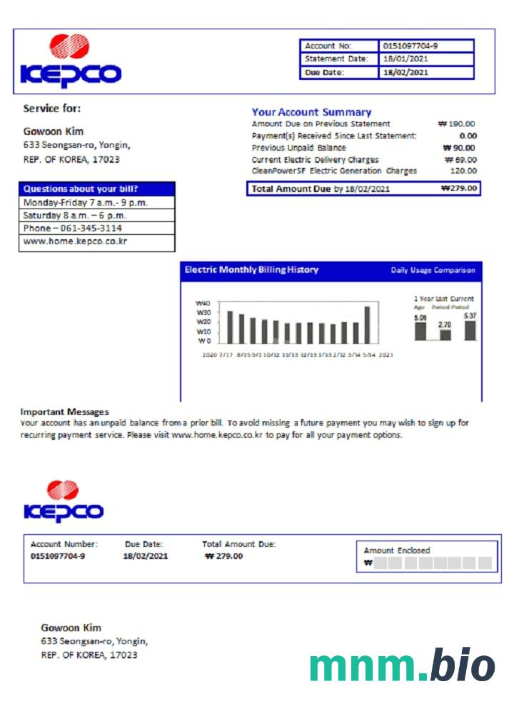 Korea Południowa Electric Power Corporation elektryczność rachunek za media szablon w formacie Word i PDF